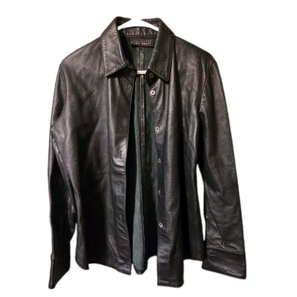 Linda Allard Ellen Tracy Black Leather Button Down Shirt Jacket